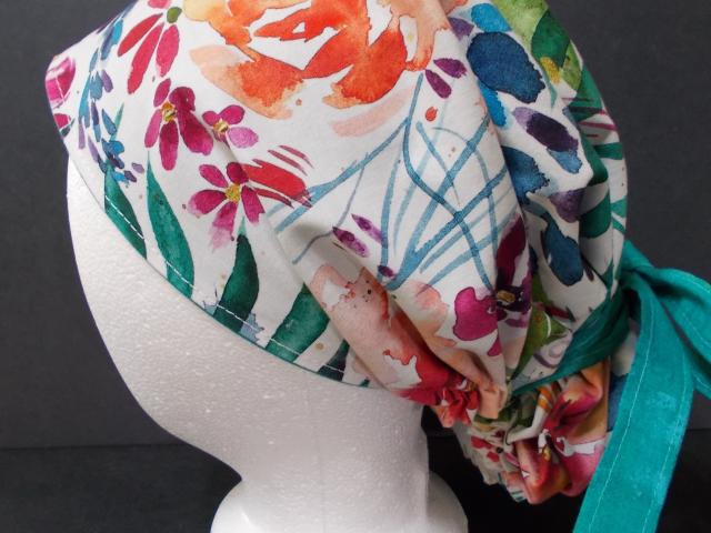 Reversible scrub cap short & medium length hair, ties, pony tail, nurse tech technician doctor medical chemo hat head cover watercolor white