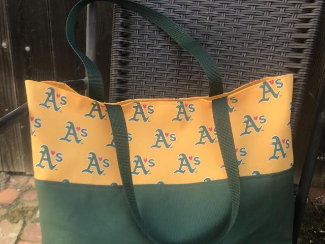 Tote bag, canvas bottom, Love Oakland A's Athletics, hook & loop closure, one interior pocket, polypropylene straps