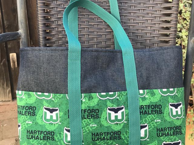 Small denim heavy duty tote bag, six exterior pockets, Hartford Whalers, WHL, Handmade