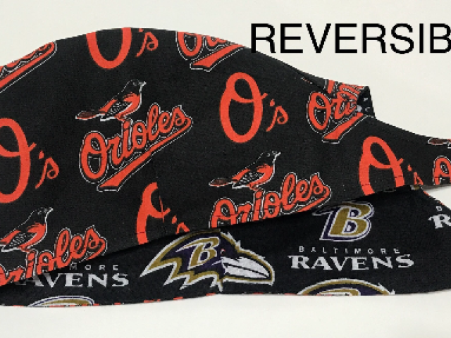 Baltimore Orioles & Ravens scrub cap, reversible, tie back, cotton, surgical skull nurse tech technician doctor medical hat Baltimore teams