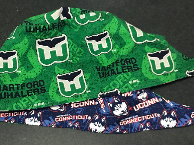 Reversible Unisex Hartford Whalers and UConn Huskies scrub cap, tie back