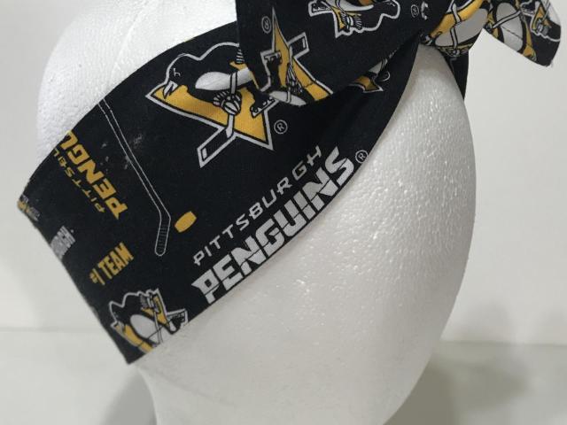 3” wide Pittsburgh Penguins headband, self tie, pin up style, hair tie, scarf, bandana, retro style, rockabilly, handmade