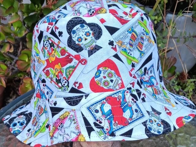 Sugar Skulls Fabric Day of the Dead Playing Cards, Reversible, Sizes S-XXL, summer hat, fishing hat, ponytail sun hat, floppy hat, calaveras, Día de los Muertos