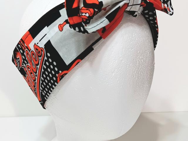3” wide Baltimore Orioles self tie fabric headband, black, white & orange modern print, hair tie, hair wrap, pin up style, scarf, rockabilly style, handmade