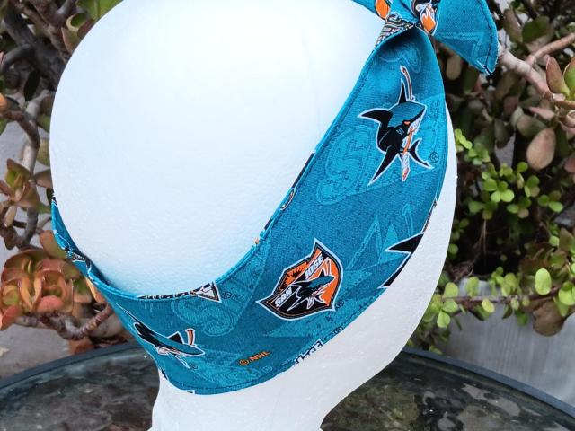 3” wide San Jose SJ Sharks hair tie, hair wrap, headband, head wrap, pin up, self tie, scarf, retro, rockabilly, handmade