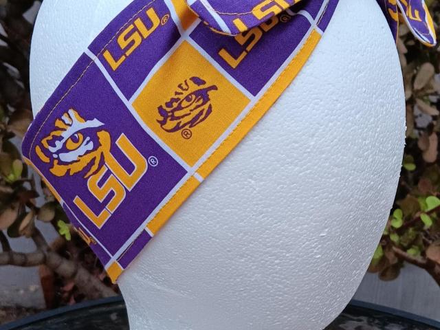 3” Wide Headband Made from LSU Licensed Fabric, hair wrap, pin up style, hair tie, neck scarf, retro, hat band