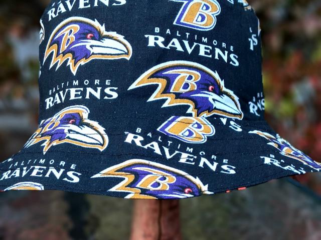 Baltimore Ravens Bucket Hat, Reversible to Black, Sizes S-XXL, Handmade, fishing hat, ponytail hat, sun hat, floppy hat