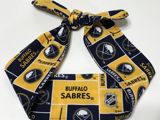 3” wide Buffalo Sabres hair tie, hair wrap, headband, hockey, pin up, self tie, scarf, neckerchief, retro, rockabilly, handmade