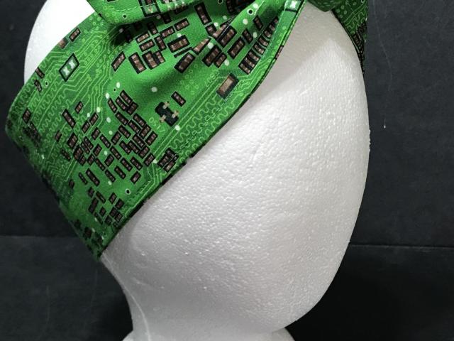 3" Wide green printed circuit board fabric head scarf, tied in front