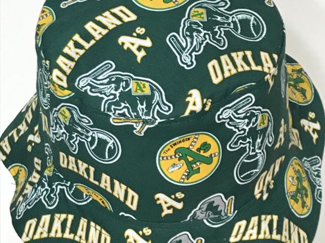 Reversible Oakland A's Swingin' A's bucket hat, top view, handmade