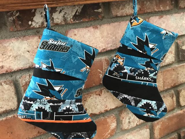 Small 9" San Jose Sharks Christmas Stocking, Quilted SJ Sharks Christmas Stocking, hockey, Sharks Christmas decoration, gift