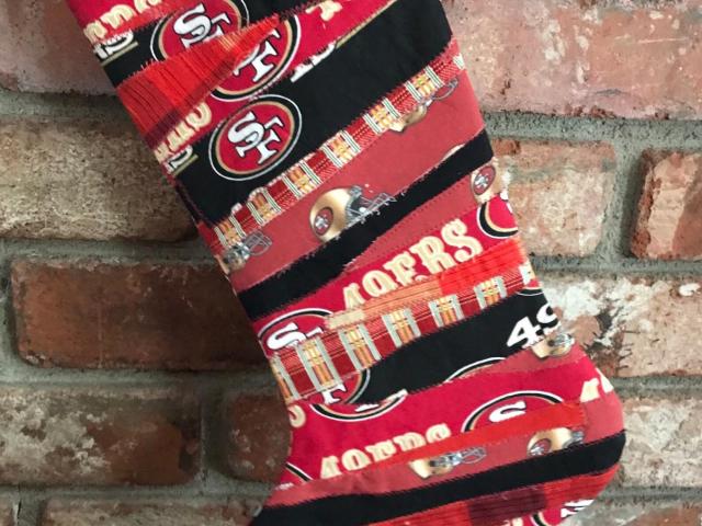 49ers Christmas stocking, scrappy / pieced, red black gold white