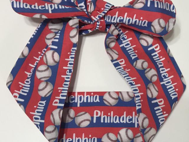 3” wide Philadelphia baseball hair tie, hair wrap, headband, pin up, self tie, scarf, neckerchief, retro, rockabilly