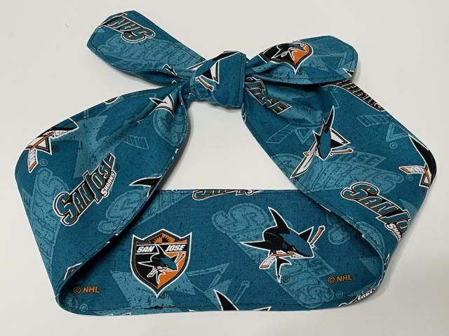 3” wide San Jose SJ Sharks hair tie, hair wrap, headband, pin up, self tie, scarf, neckerchief, retro, rockabilly, Detroit, no wire