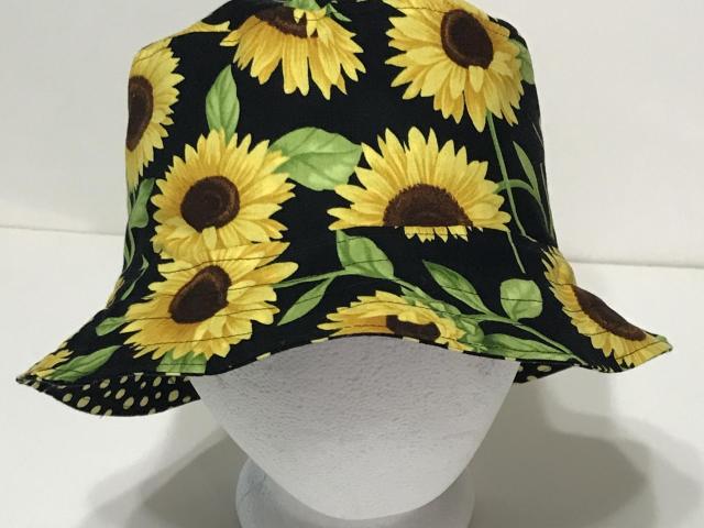 Sunflower Floral Bucket Hat, Reversible, Black Background, Sizes S-XXL, Cotton, Summer Flowers, Handmade Sun Hat, Floppy Hat, Polka Dots, adults or older children