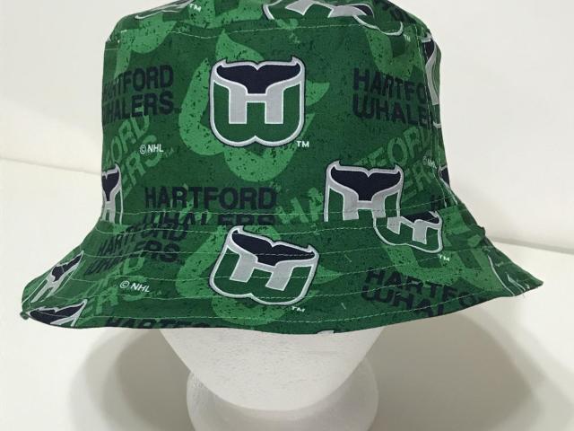 Front view, Hartford Whalers bucket hat, reversible, handmade