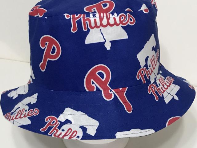 Reversible handmade Phillies & Eagles bucket hat, blue Phillies fabric side facing out