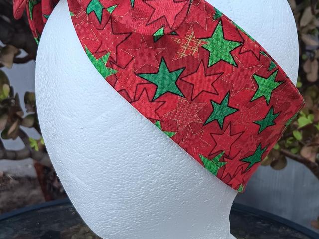 3” Wide Christmas Headband, Green & Red Stars, hair tie, hair wrap, pin up style, rockabilly style, retro style