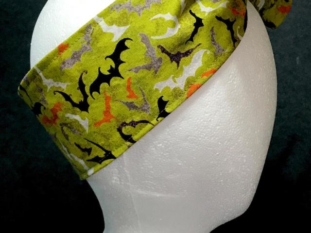 3” Wide Flying Bats headband for Halloween, green, self tie, hair wrap, pin up style, hair tie, hat scarf