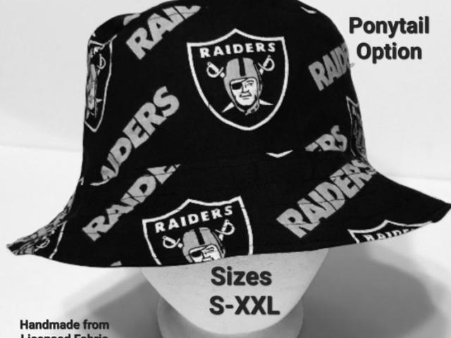 Las Vegas Raiders Bucket Hat, Reversible to Black, S-XXL, Ponytail Option, summer hat, fishing hat, floppy hat, handmade