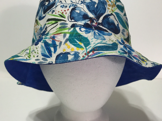 Canvas Watercolor Floral Bucket Hat, Reversible, Blue Flowers, Sizes S-XXL, Cotton, Tropical Floppy Hat, adults or older children