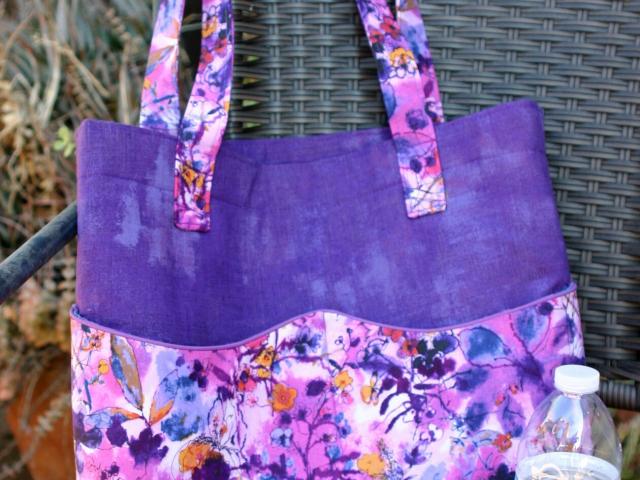 Purple Floral Tote Bag w/ Wavy Pockets, Woman's, Errands, Market Shopping Bag, Flowers, Butterflies