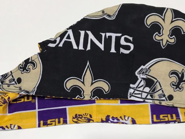 Reversible New Orleans Saints & LSU scrub cap, handmade, tie back, cotton, unisex, skull cap, weld, biker nurse tech technician doctor medical worker