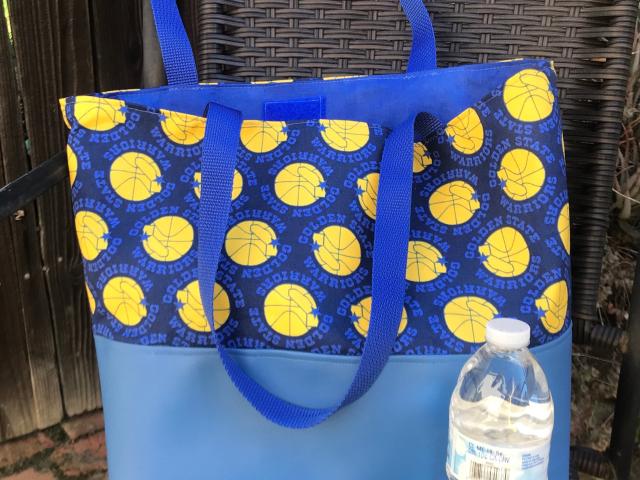 Golden State Warriors tote bag, throwback logo, vinyl bottom, one pocket, hook & loop, shopping market errand bag, GSW basketball, handmade