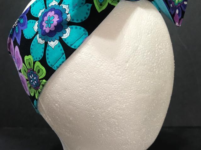 3” Wide Reversible Floral headband, hair wrap, pin up, hair tie, retro style, rockabilly, purple blue green black