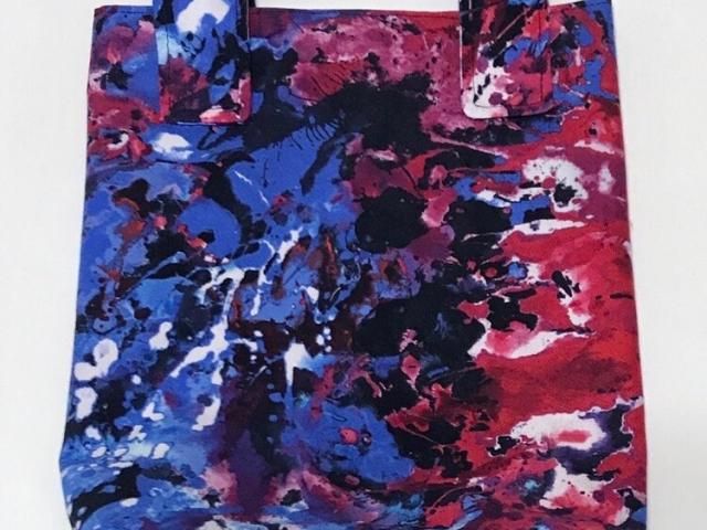 Simple small basic crutch bag, walker bag, scooter handlebars bag, bed rail caddy, hook & loop, red white blue paint splash, hanging bag