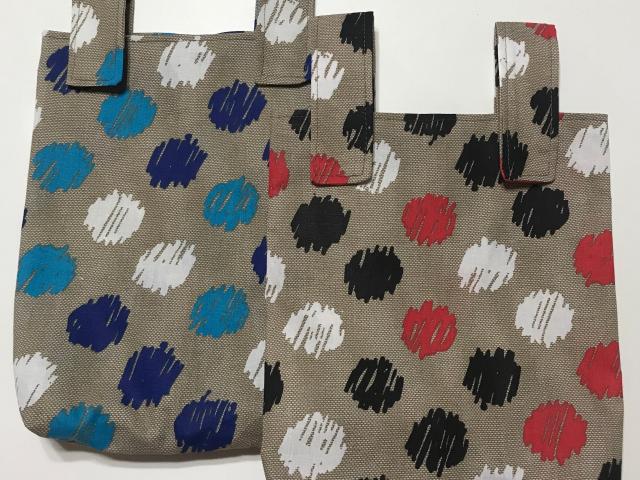 Simple small basic crutch bag, walker bag, scooter handlebars bag, bed rail caddy, hook & loop, hanging bag, large dots on tan background