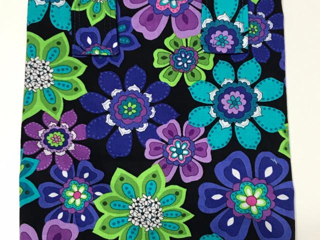 Simple basic crutch bag, walker bag, scooter handlebars bag, bed rail caddy, hook & loop, hanging bag, blue purple green flowers, retro
