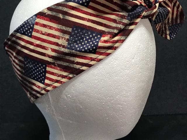 3” Wide American flag headband, self tie, hair wrap, pin up style, hair tie, retro style, rockabilly, stars & stripes