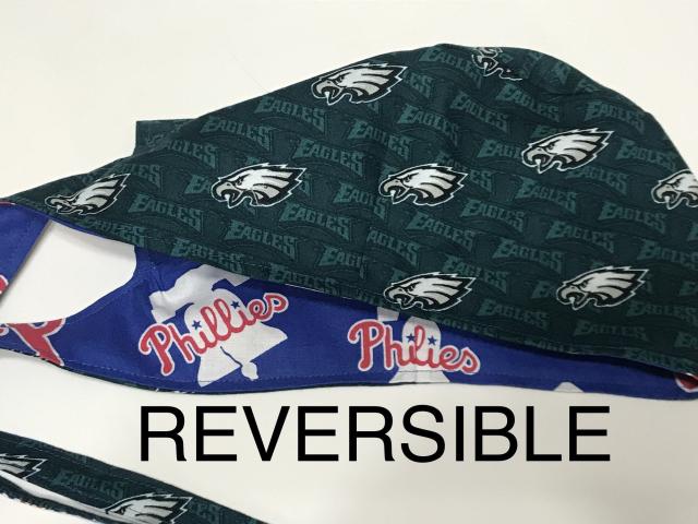 Reversible Unisex Phillies / Eagles scrub cap, tie back, cotton, surgical skull nurse tech technician hat, Philadelphia teams handmade