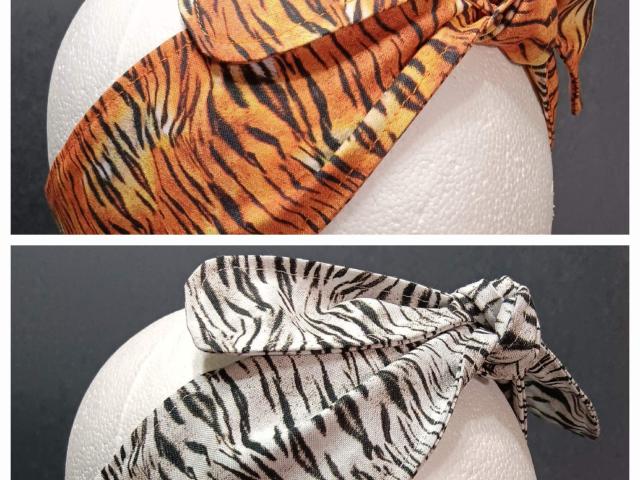 3” Wide Tiger Stripe Animal Print headband, hair wrap, cotton, pin up, hair tie, retro, rockabilly, scarf, orange or white