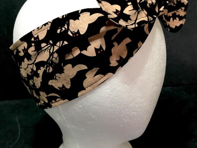3” Wide Bats headband, hair wrap, top knot, hair tie, pin up, retro, rockabilly, purse scarf, flying bats, black and tan, Halloween