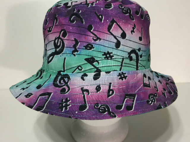Music Theme Bucket Hat, Musical Notes & Symbols, Reversible, Unisex Sizes S-XXL, cotton, floppy hat, aqua purple black white, adults or older children