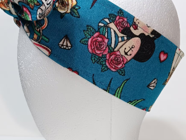 3” Wide Sailor Tattoo Theme, skulls, headband, hair wrap, hair tie, head wrap, scarf, pin up, retro, rockabilly stye